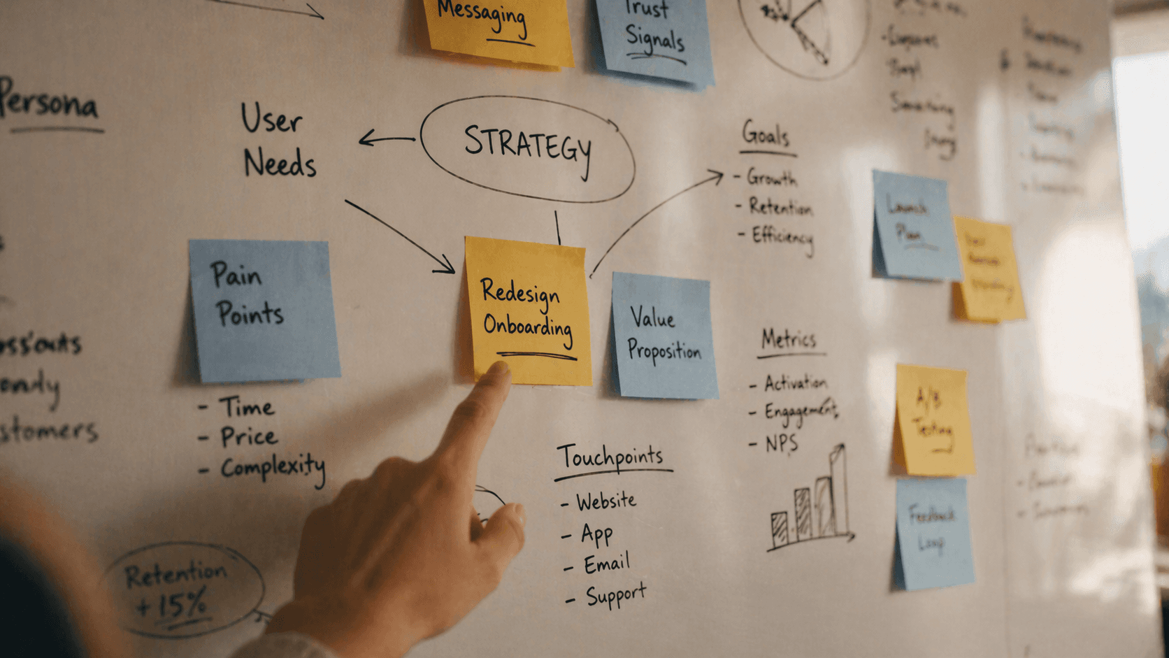 Whiteboard mit handschriftlicher Strategie-Mindmap und Post-its in Gelb und Blau.